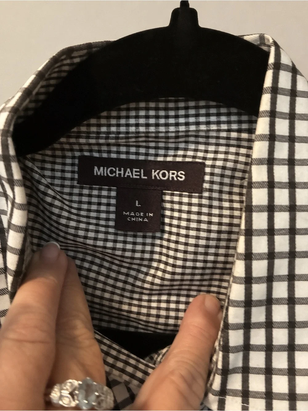 Michael Kors Men’s Large Black White Check Long Sleeve Button-Up Shirt